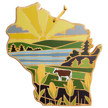 Load image into Gallery viewer, Totally Bamboo Wisconsin State Shaped Serving and Cutting Board with Artwork by Summer Stokes