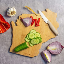 Load image into Gallery viewer, Totally Bamboo Wisconsin State Shaped Cutting and Serving Board with Artwork by Fish Kiss™