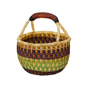 African Market Baskets Large Mini Round Basket with Leather Handles