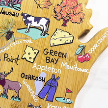 Load image into Gallery viewer, Totally Bamboo Wisconsin State Shaped Cutting and Serving Board with Artwork by Fish Kiss™

