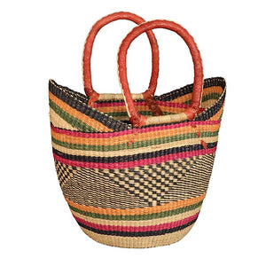 African Market Baskets Shopping Tote with Leather Handle