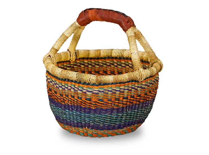 African Market Baskets Large Mini Round Basket with Leather Handles